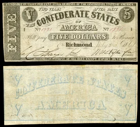 Andra serien av en 5-dollarsedel från Amerikas konfedererade stater. Confederate States of America på framsidan, den enda 1861 utgivna sedeln med en tryckt baksida.
